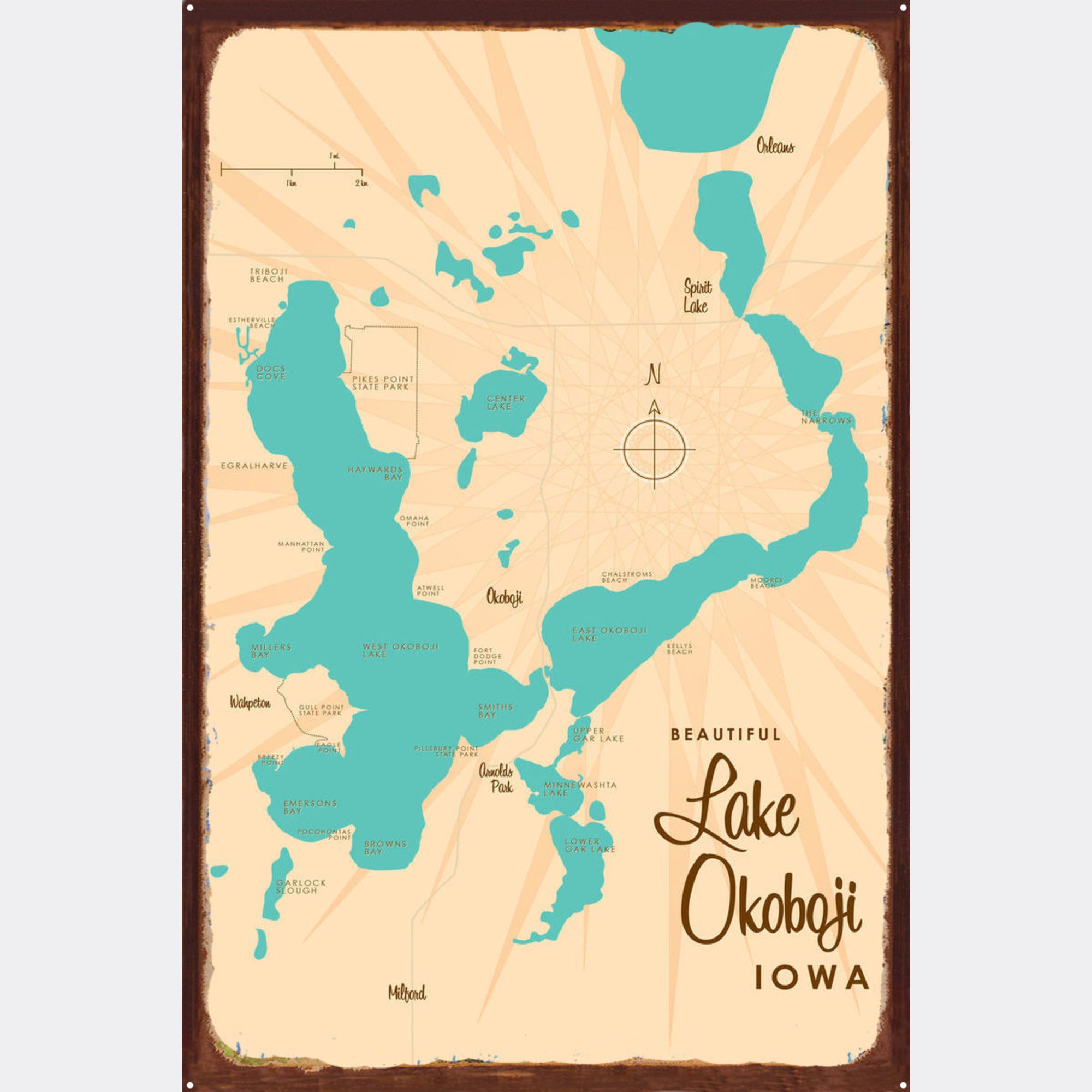 Lake Okoboji Iowa, Rustic Metal Sign Map Art