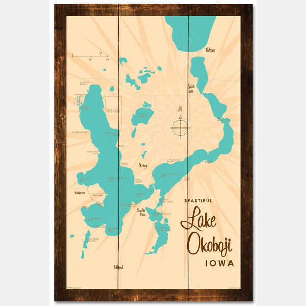 Lake Okoboji Iowa, Rustic Wood Sign Map Art