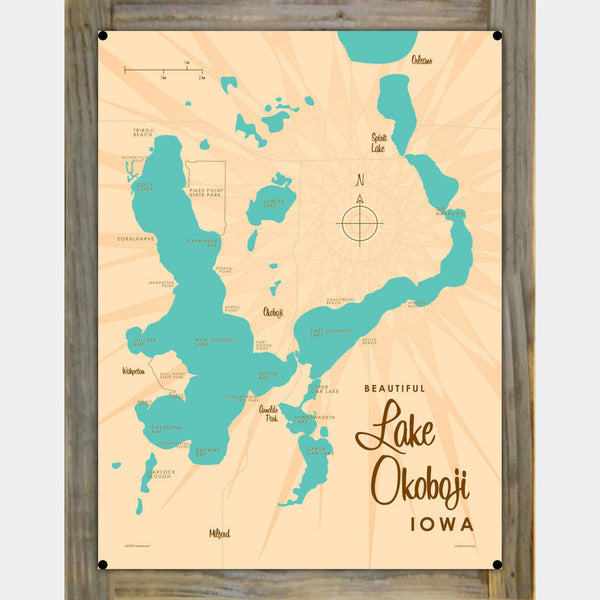 Lake Okoboji Iowa, Wood-Mounted Metal Sign Map Art