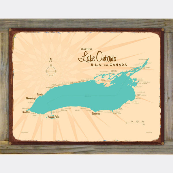 Lake Ontario USA Canada, Wood-Mounted Rustic Metal Sign Map Art