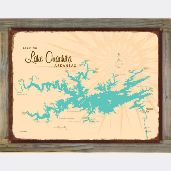 Lake Ouachita Arkansas, Wood-Mounted Rustic Metal Sign Map Art