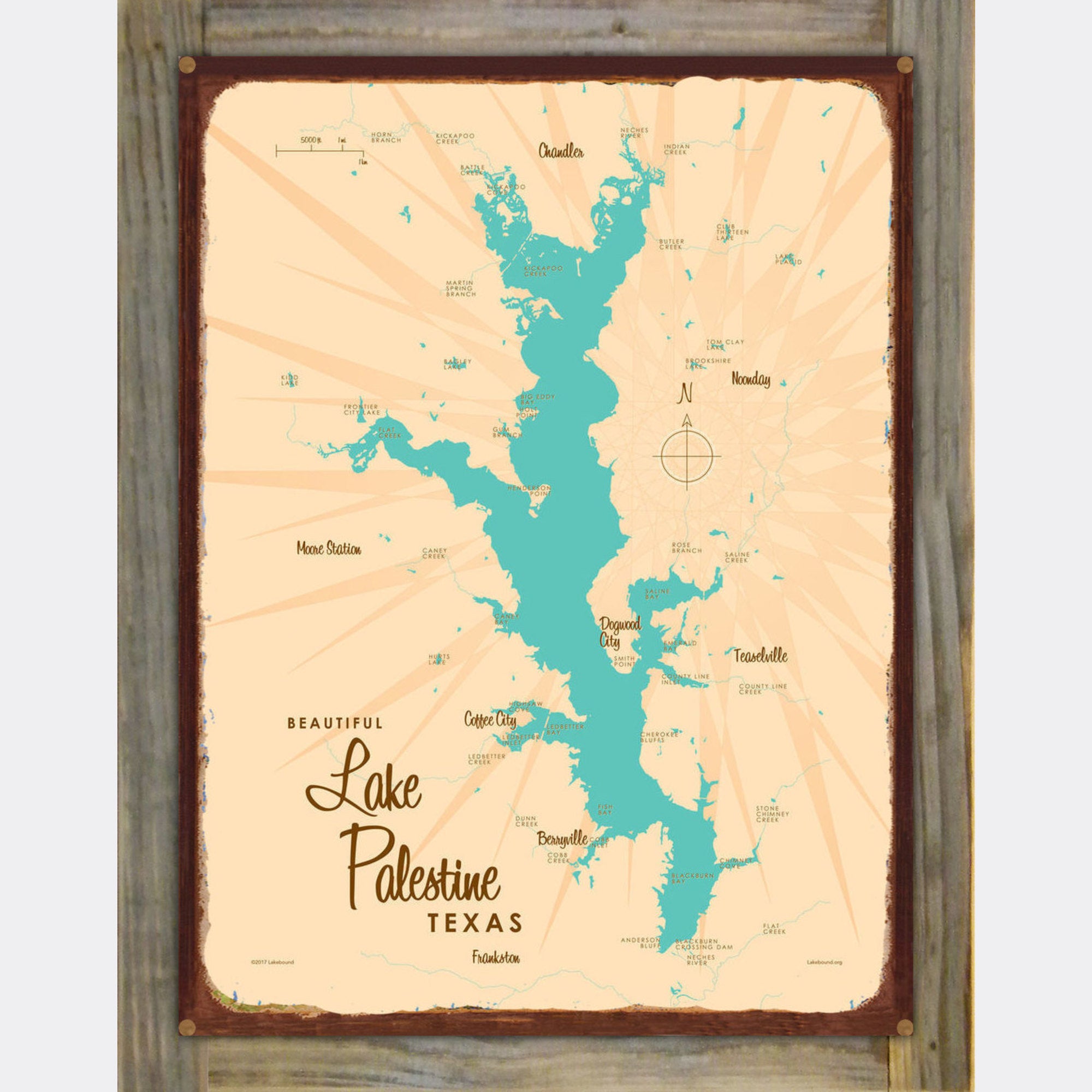 Lake Palestine Texas, Wood-Mounted Rustic Metal Sign Map Art