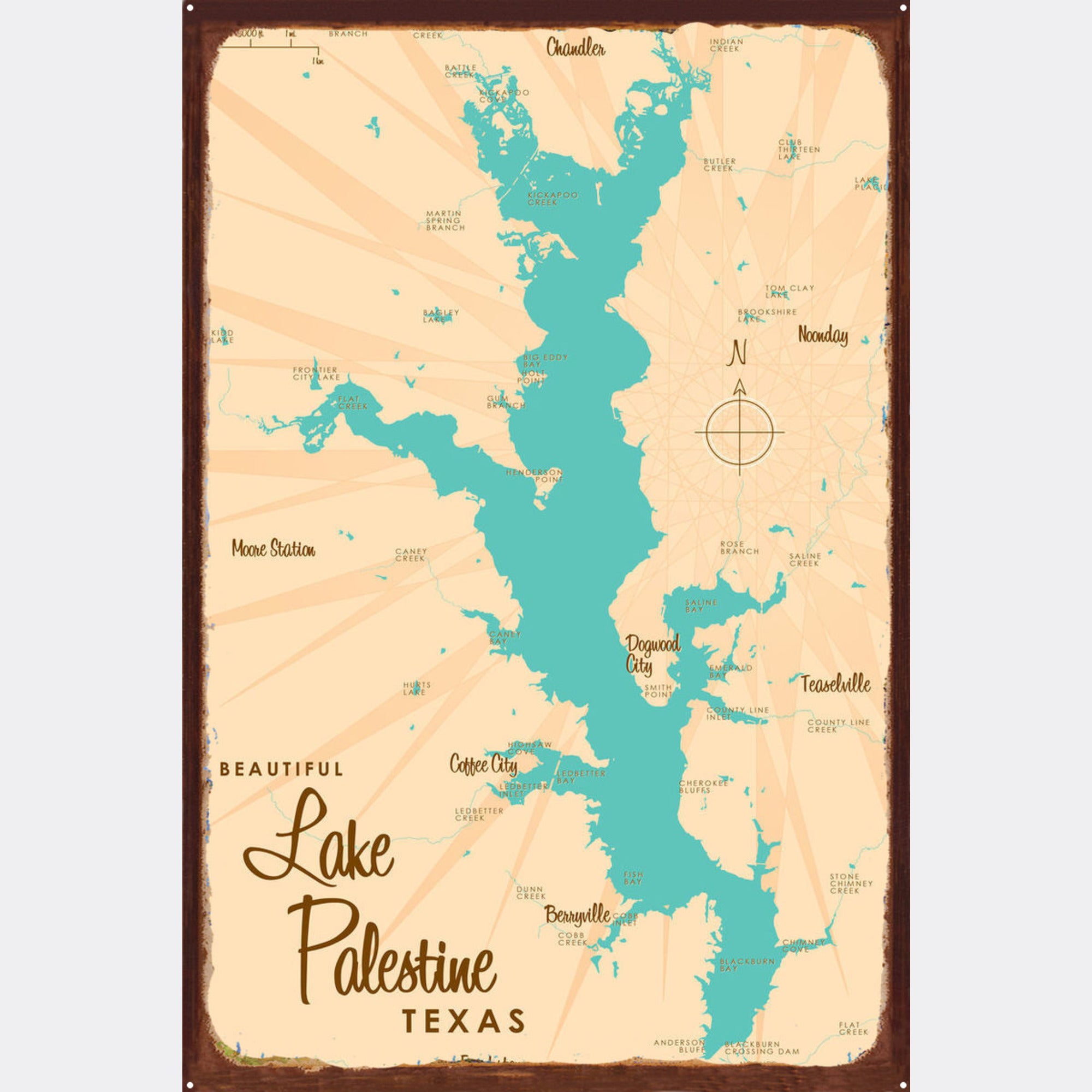 Lake Palestine Texas, Rustic Metal Sign Map Art