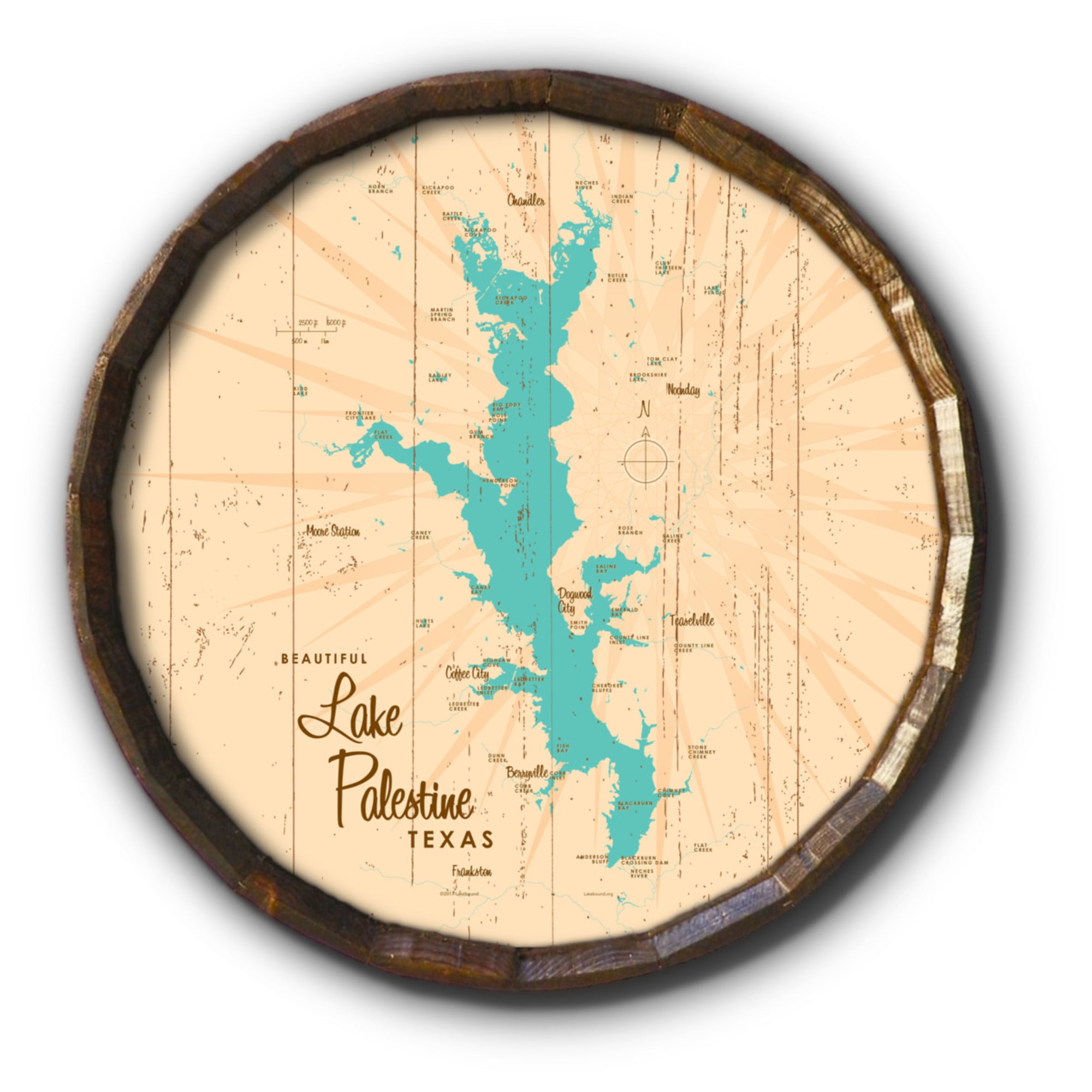 Lake Palestine Texas, Rustic Barrel End Map Art
