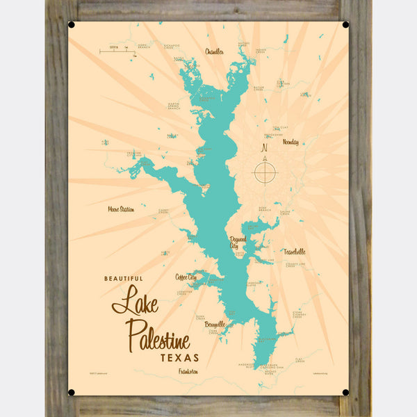 Lake Palestine Texas, Wood-Mounted Metal Sign Map Art