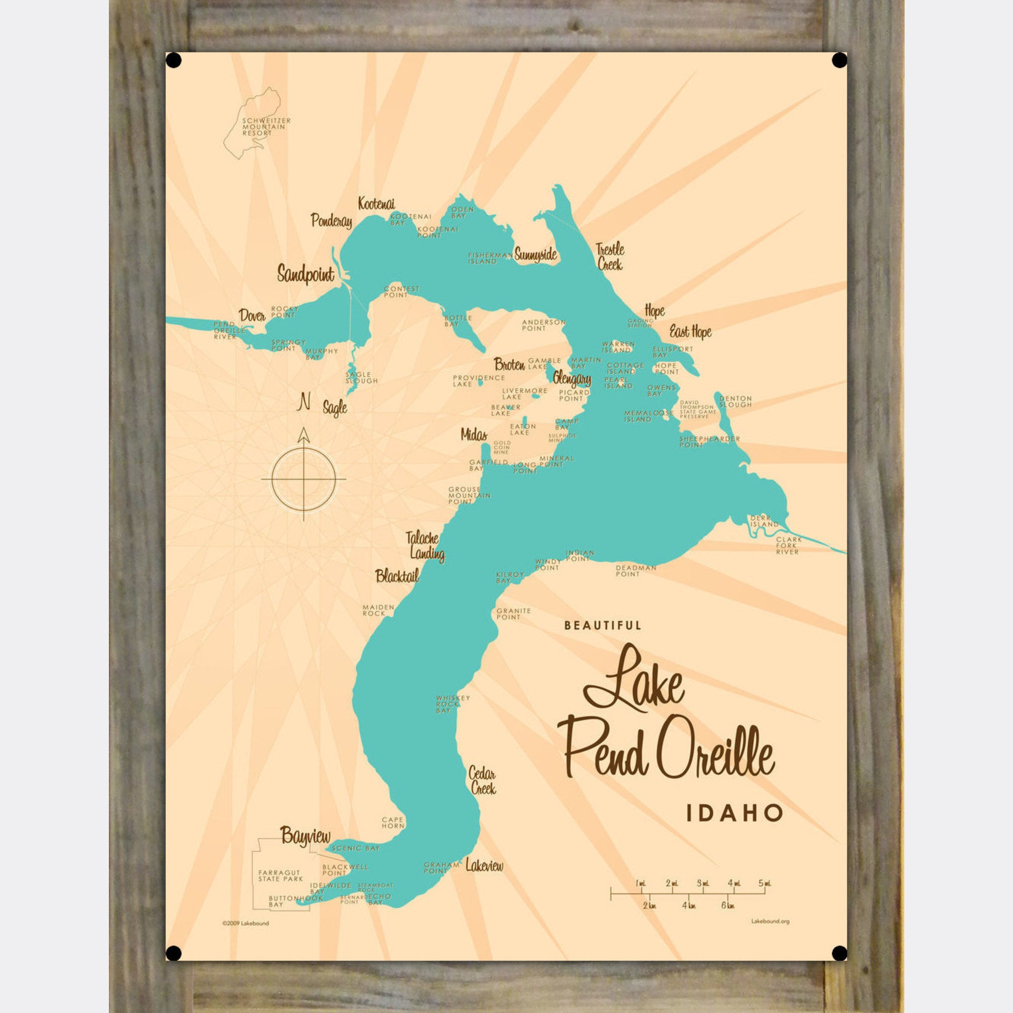 Lake Pend Oreille Idaho, Wood-Mounted Metal Sign Map Art