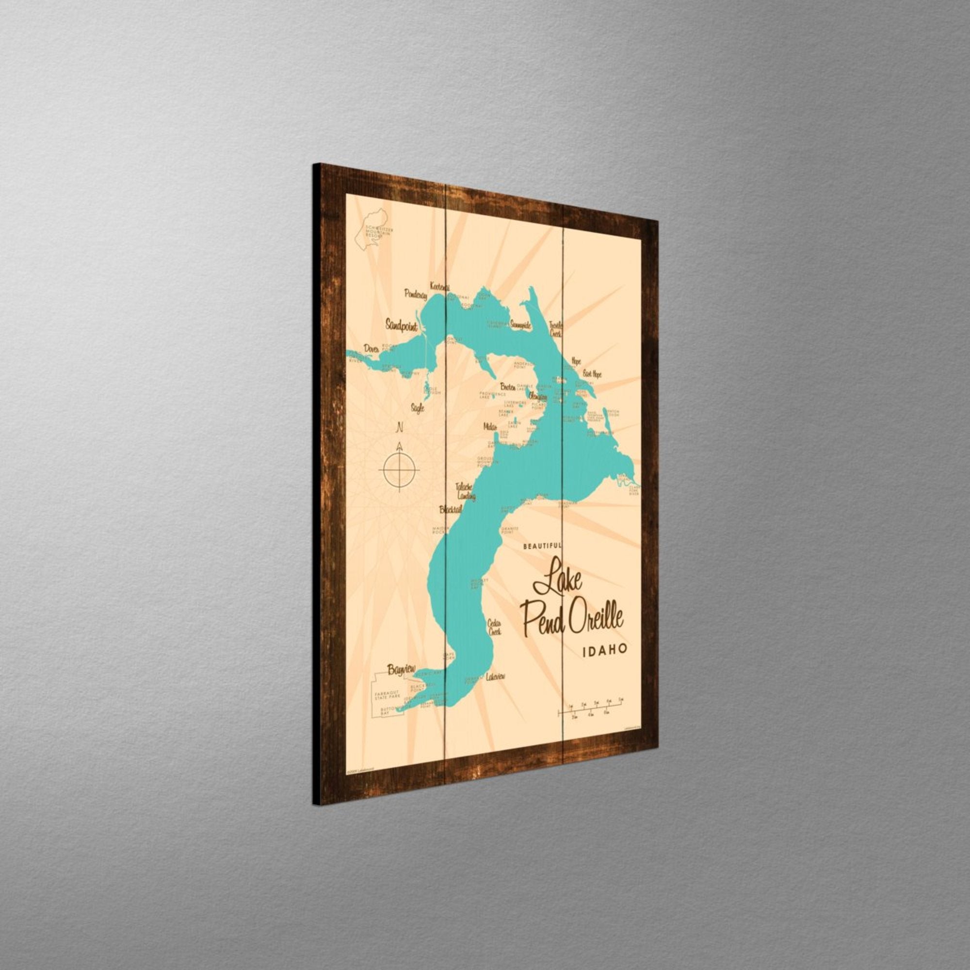 Lake Pend Oreille Idaho, Rustic Wood Sign Map Art