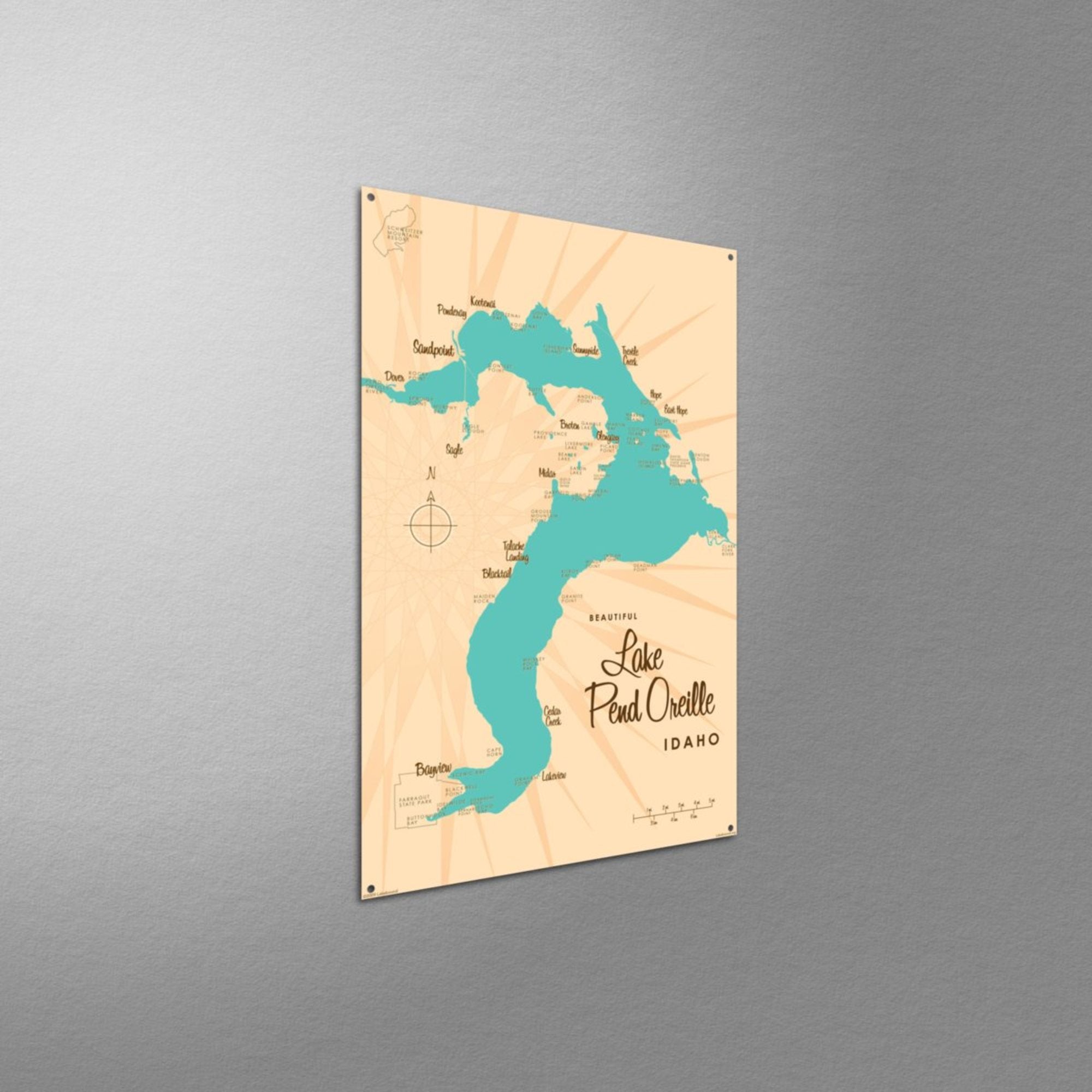 Lake Pend Oreille Idaho, Metal Sign Map Art