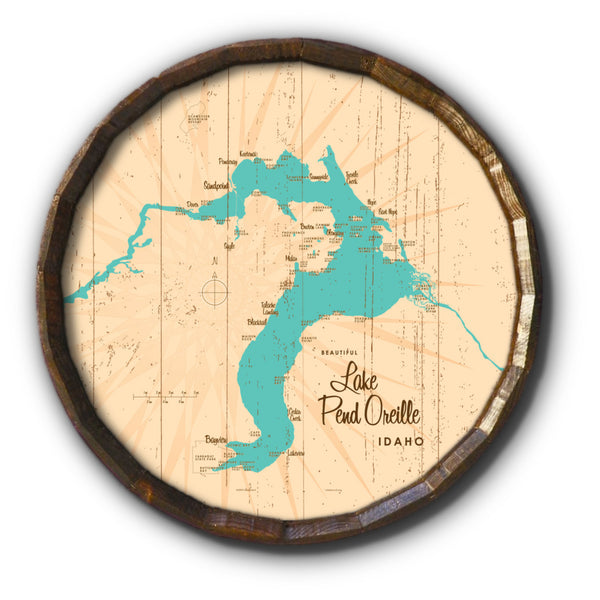 Lake Pend Oreille Idaho, Rustic Barrel End Map Art