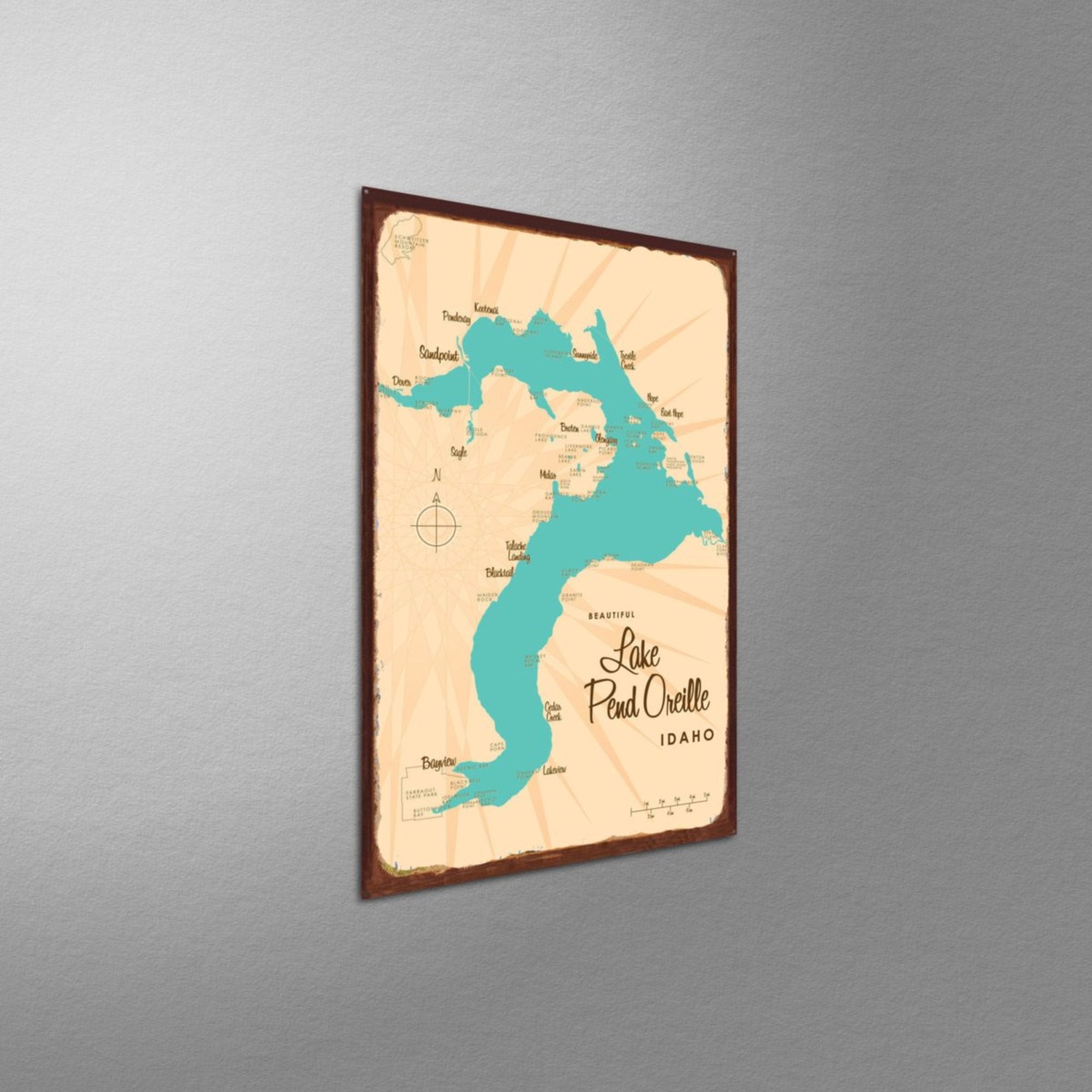 Lake Pend Oreille Idaho, Rustic Metal Sign Map Art
