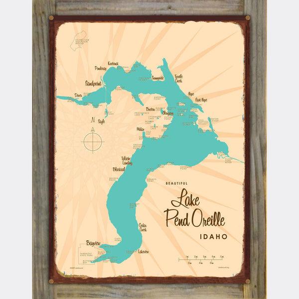 Lake Pend Oreille Idaho, Wood-Mounted Rustic Metal Sign Map Art