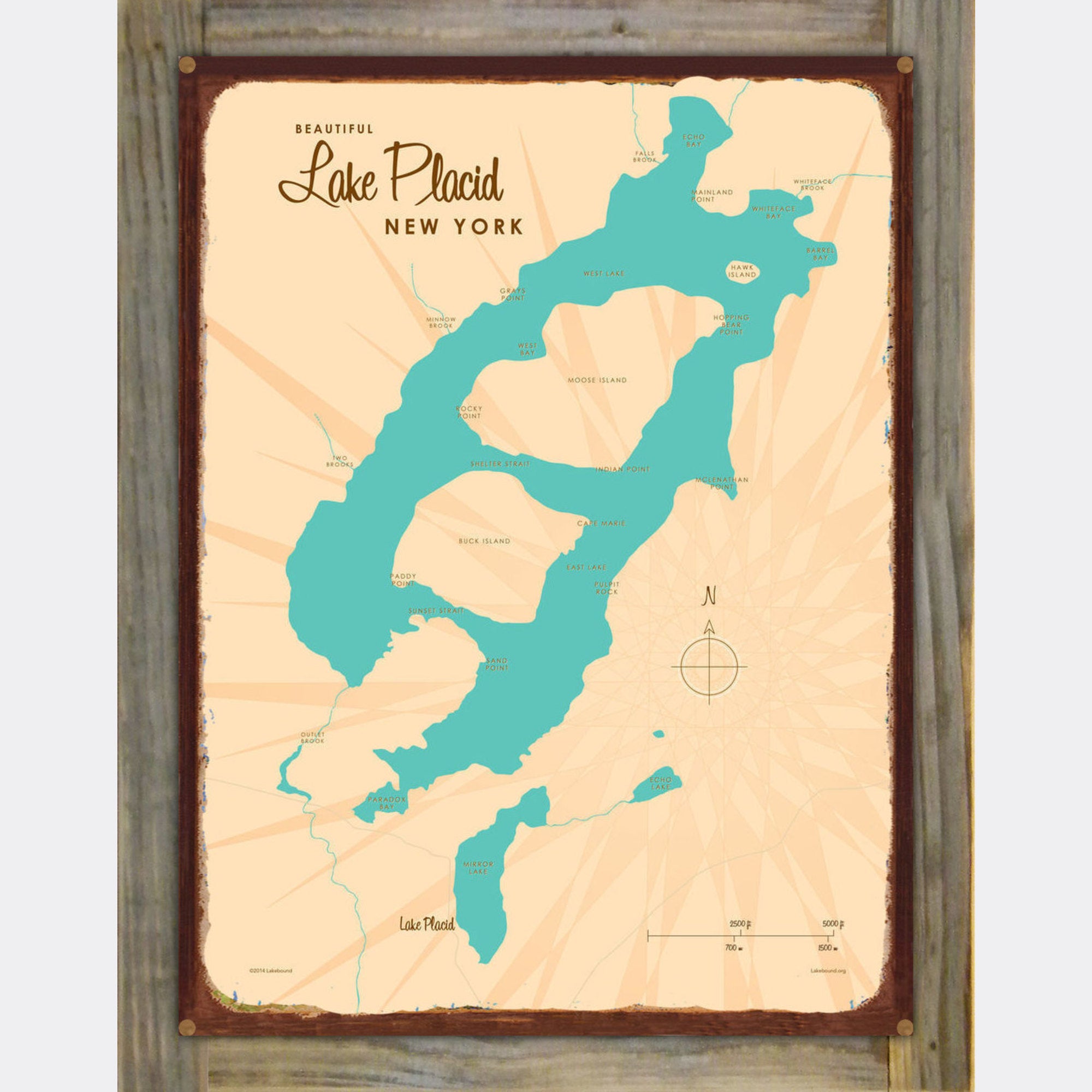 Lake Placid New York, Wood-Mounted Rustic Metal Sign Map Art
