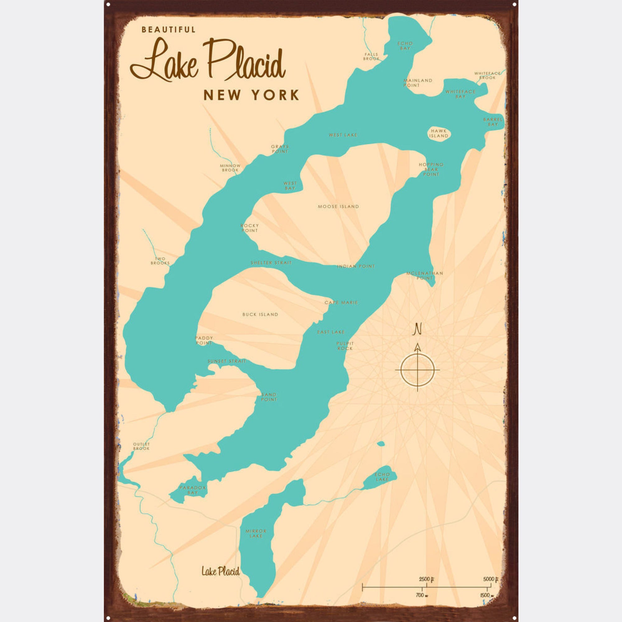 Lake Placid New York, Rustic Metal Sign Map Art