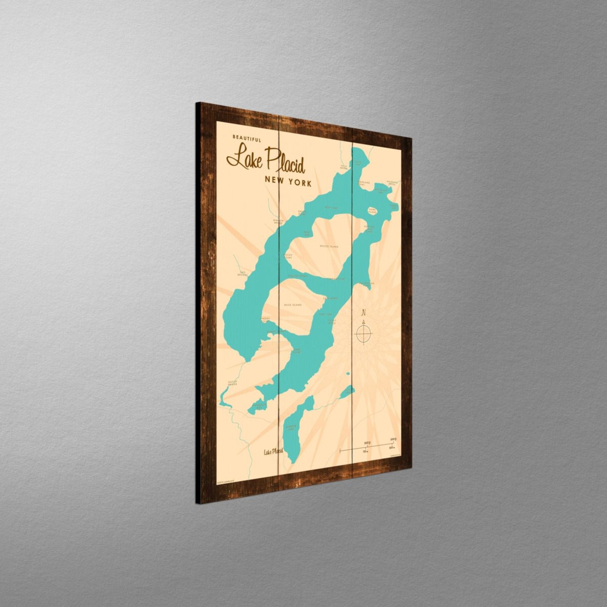 Lake Placid New York, Rustic Wood Sign Map Art