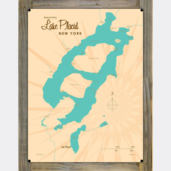 Lake Placid New York, Wood-Mounted Metal Sign Map Art