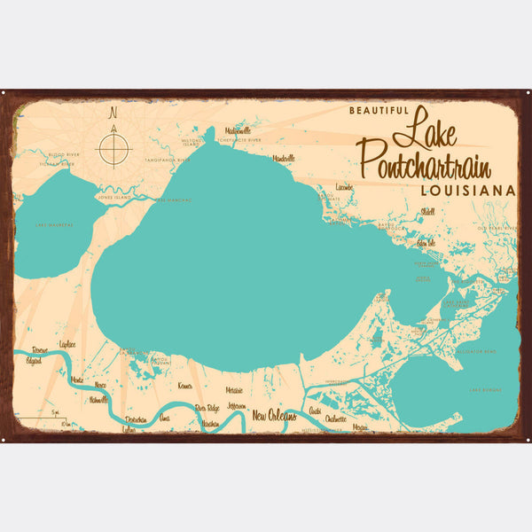 Lake Pontchartrain Louisiana, Rustic Metal Sign Map Art