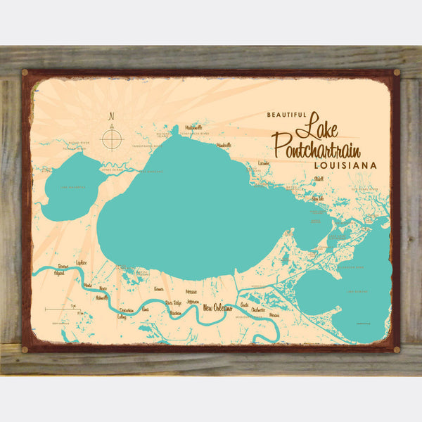 Lake Pontchartrain Louisiana, Wood-Mounted Rustic Metal Sign Map Art