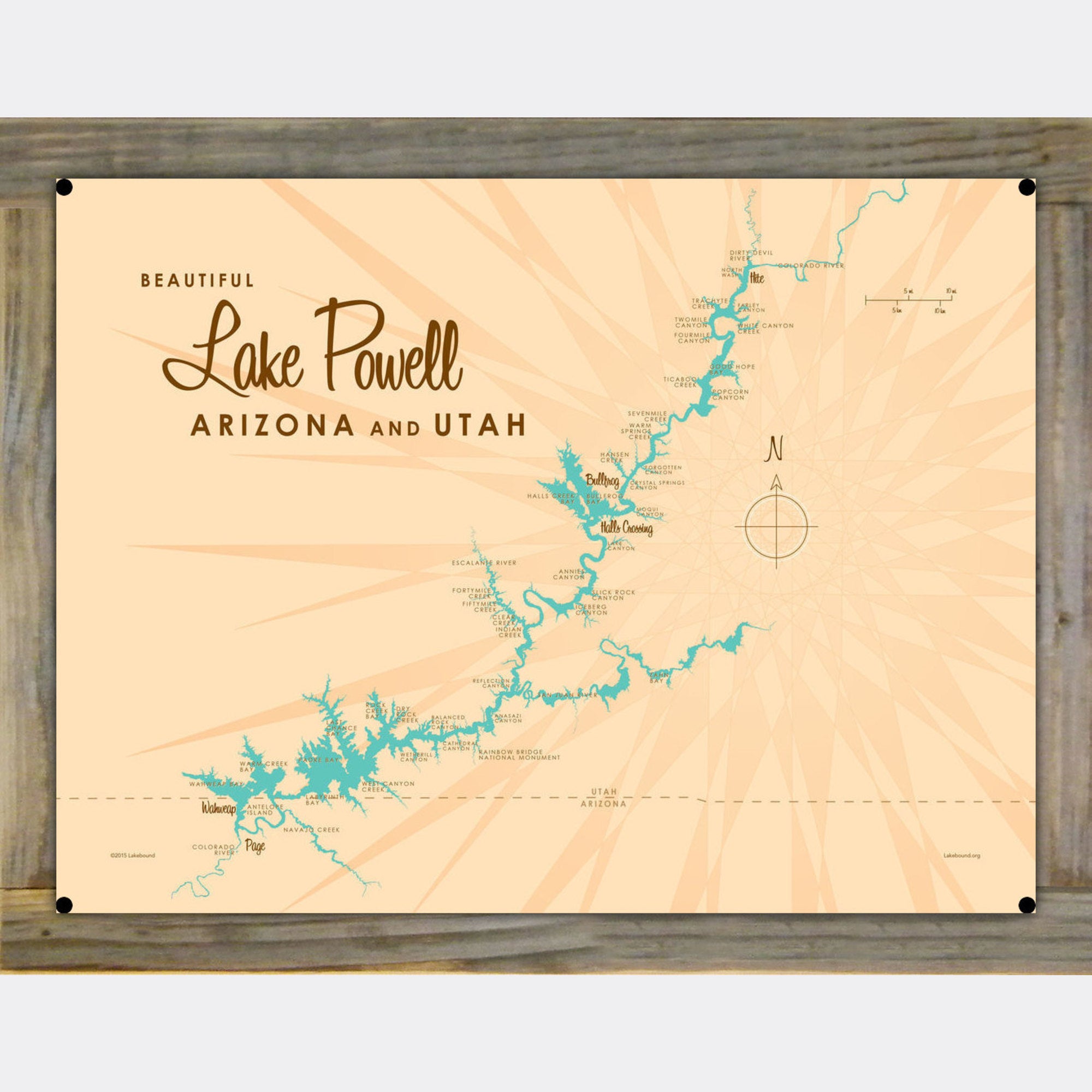 Lake Powell Utah Arizona, Wood-Mounted Metal Sign Map Art
