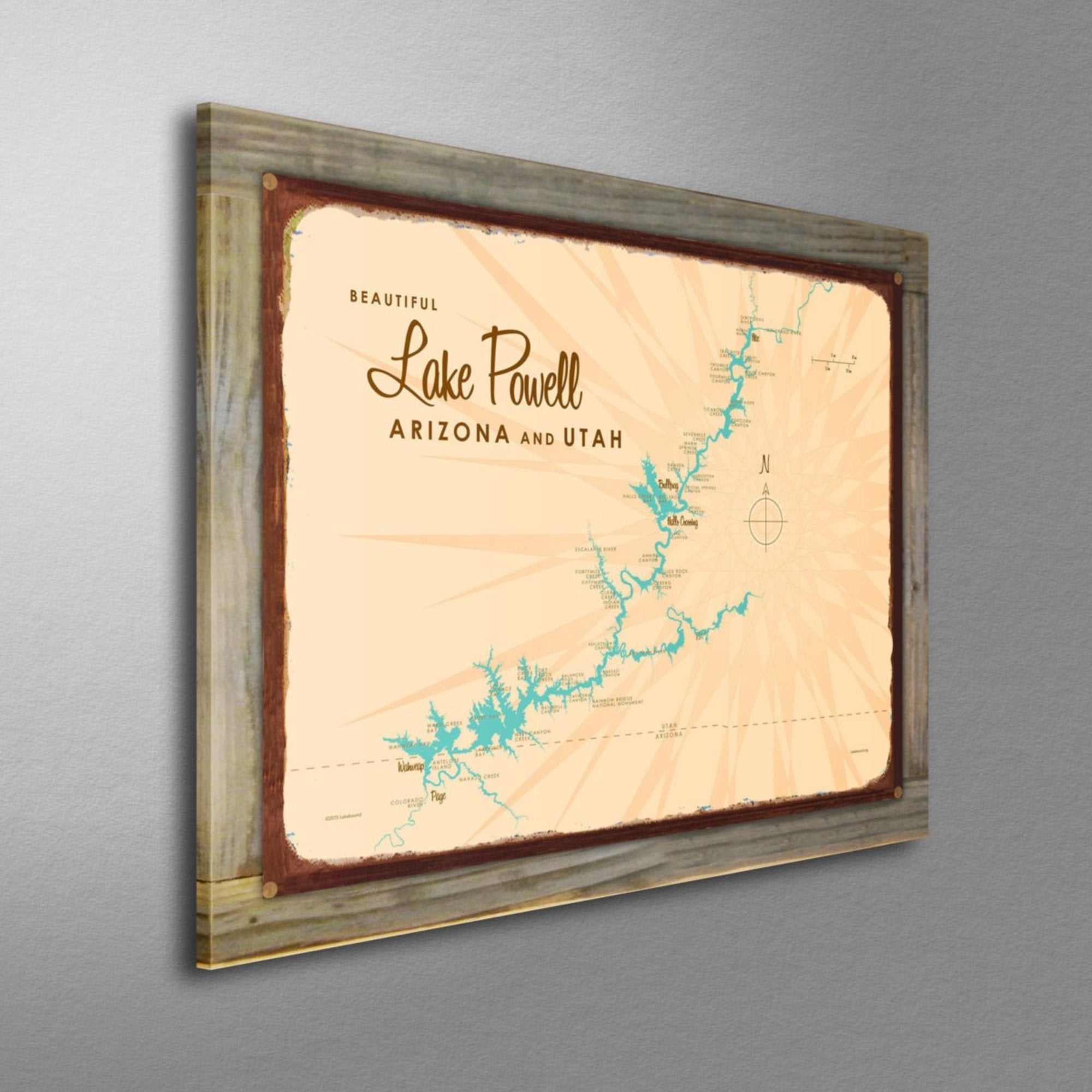 Lake Powell Utah Arizona, Wood-Mounted Rustic Metal Sign Map Art