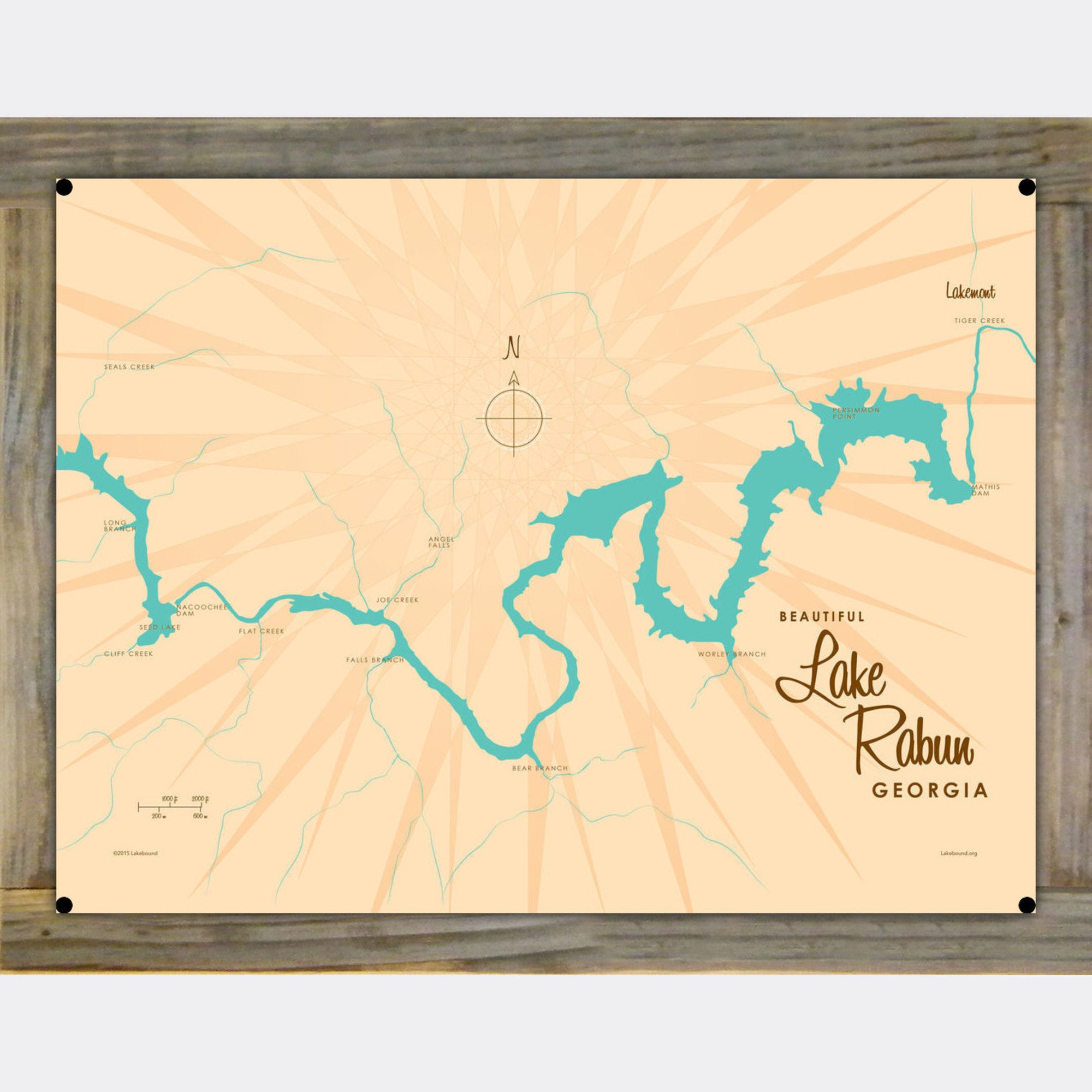Lake Rabun Georgia, Wood-Mounted Metal Sign Map Art