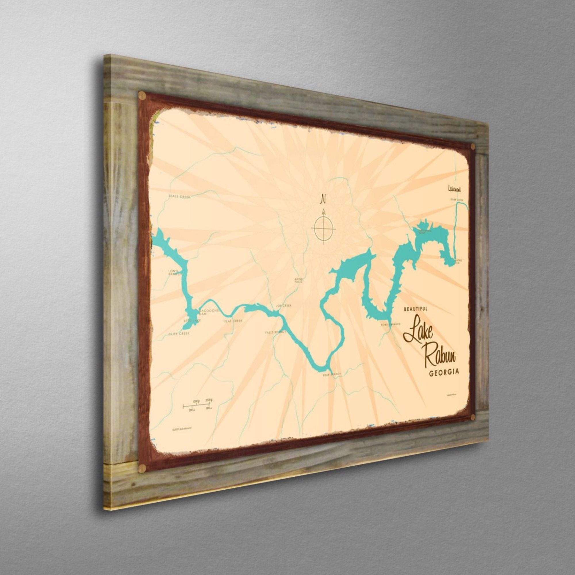 Lake Rabun Georgia, Wood-Mounted Rustic Metal Sign Map Art