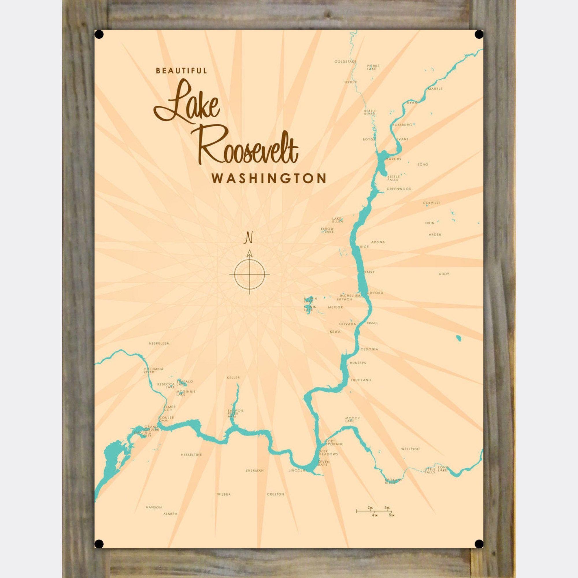 Lake Roosevelt Washington, Wood-Mounted Metal Sign Map Art