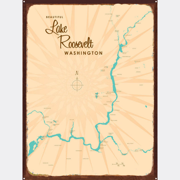 Lake Roosevelt Washington, Rustic Metal Sign Map Art