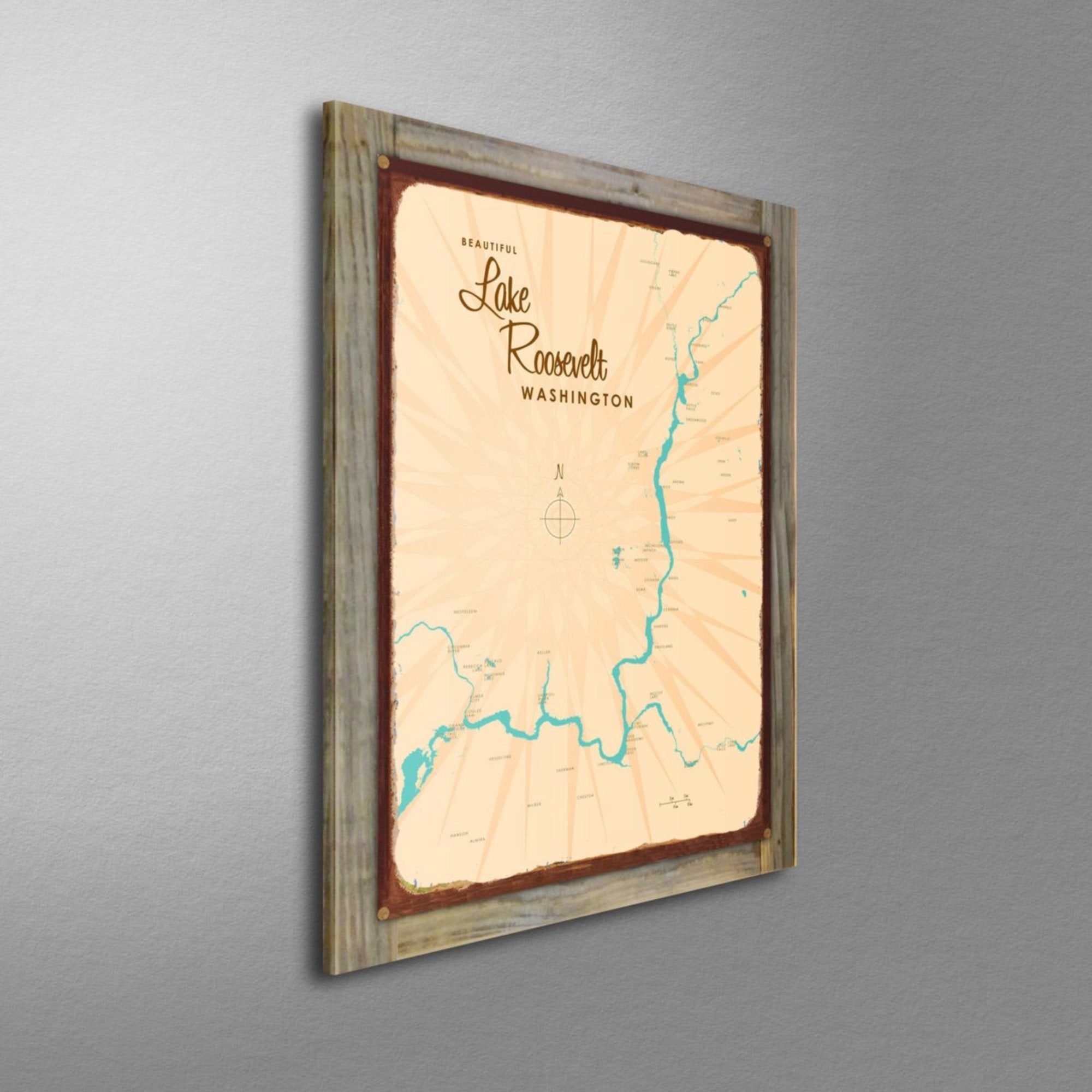 Lake Roosevelt Washington, Wood-Mounted Rustic Metal Sign Map Art