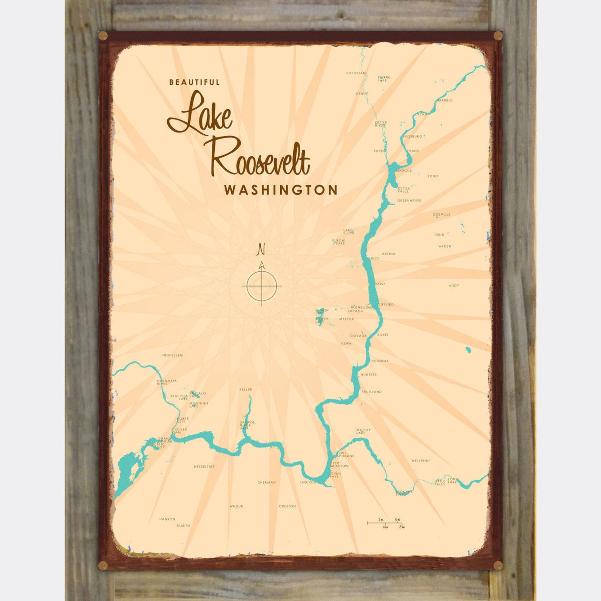 Lake Roosevelt Washington, Wood-Mounted Rustic Metal Sign Map Art