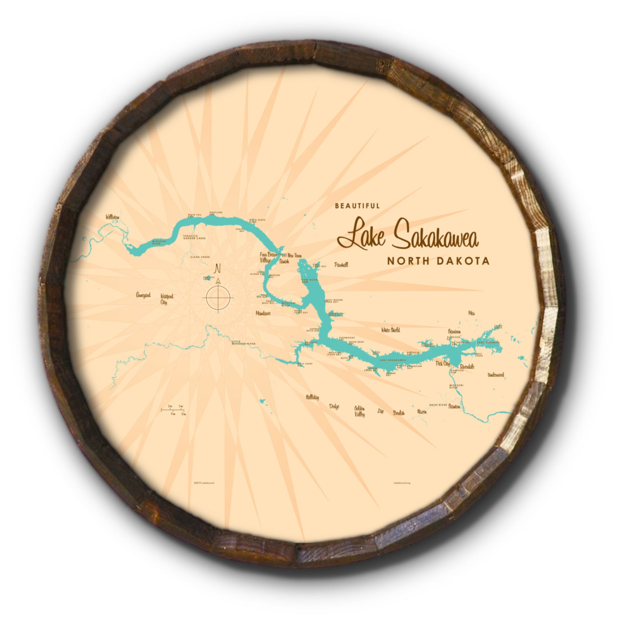Lake Sakakawea North Dakota, Barrel End Map Art