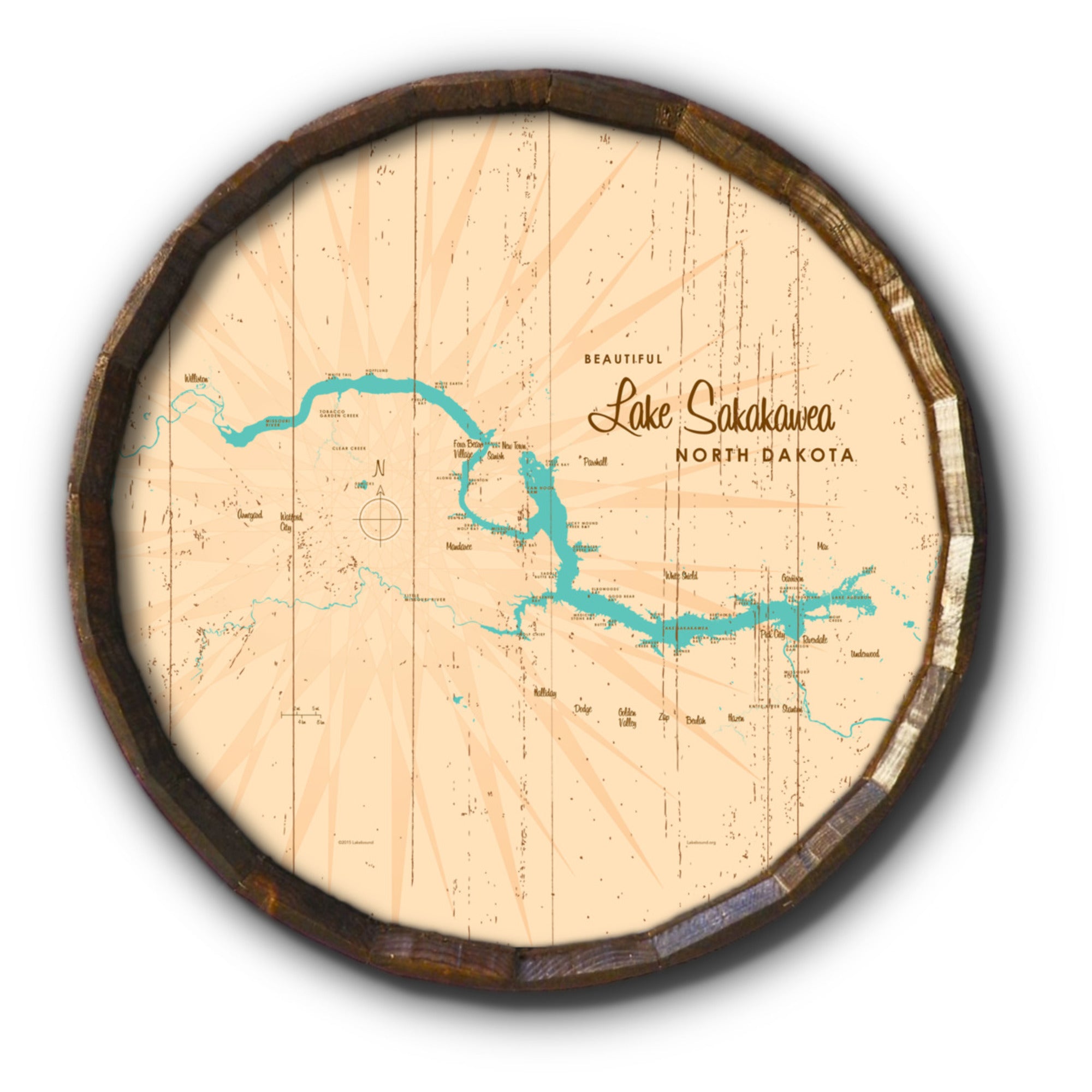 Lake Sakakawea North Dakota, Rustic Barrel End Map Art