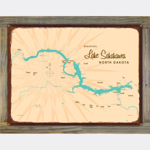 Lake Sakakawea North Dakota, Wood-Mounted Rustic Metal Sign Map Art
