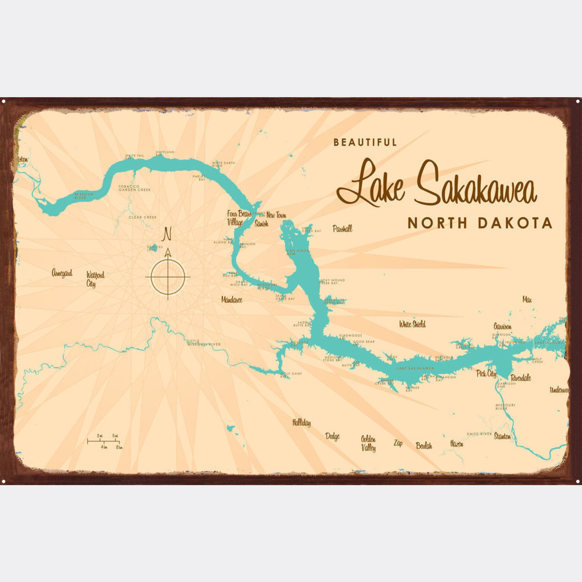 Lake Sakakawea North Dakota, Rustic Metal Sign Map Art