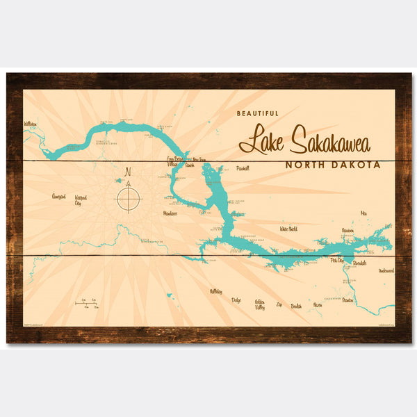 Lake Sakakawea North Dakota, Rustic Wood Sign Map Art