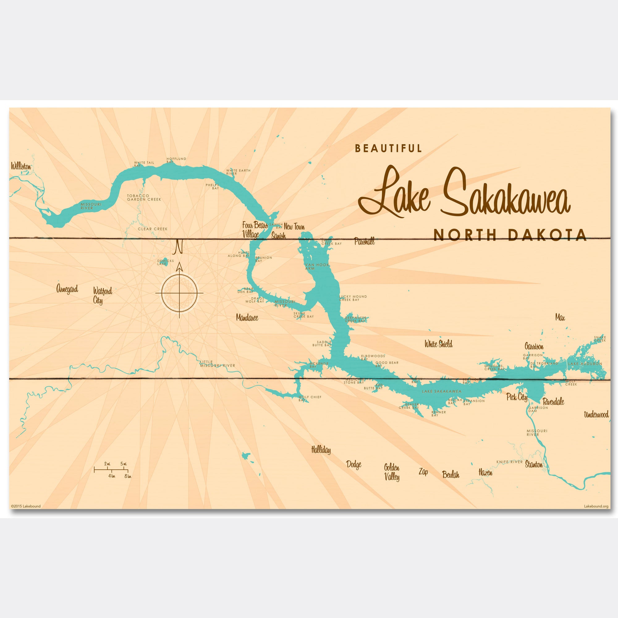 Lake Sakakawea North Dakota, Wood Sign Map Art