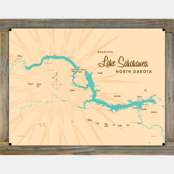 Lake Sakakawea North Dakota, Wood-Mounted Metal Sign Map Art
