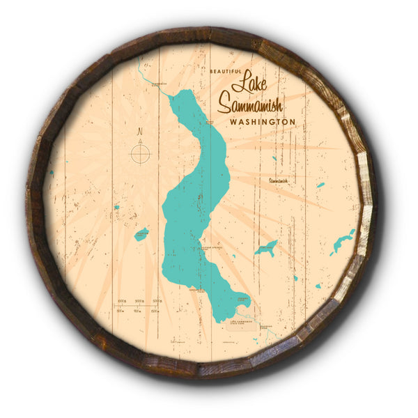 Lake Sammamish Washington, Rustic Barrel End Map Art