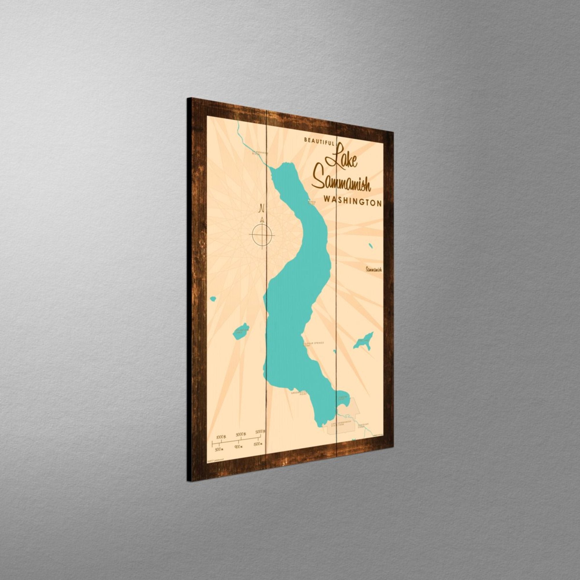 Lake Sammamish Washington, Rustic Wood Sign Map Art