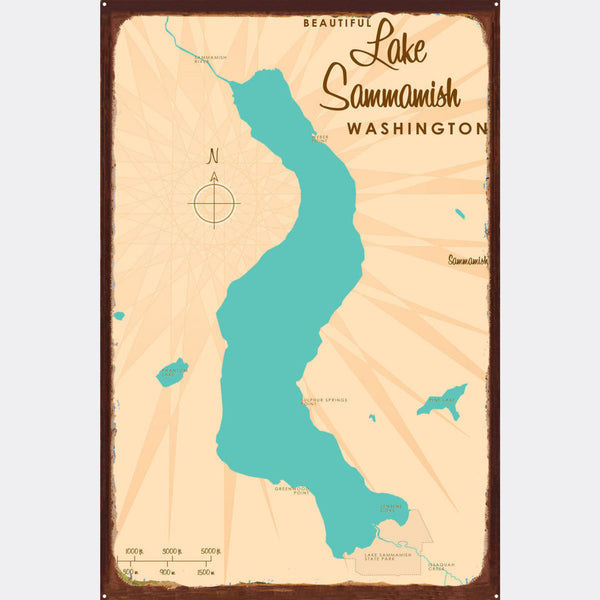 Lake Sammamish Washington, Rustic Metal Sign Map Art