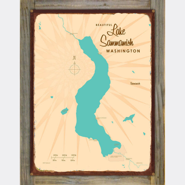 Lake Sammamish Washington, Wood-Mounted Rustic Metal Sign Map Art