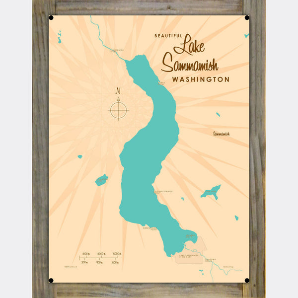 Lake Sammamish Washington, Wood-Mounted Metal Sign Map Art