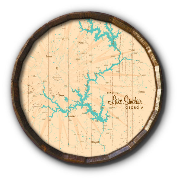 Lake Sinclair Georgia, Rustic Barrel End Map Art