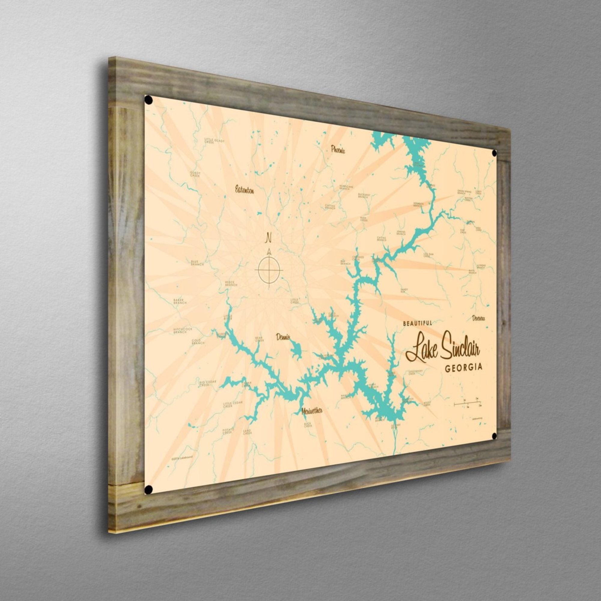 Lake Sinclair Georgia, Wood-Mounted Metal Sign Map Art