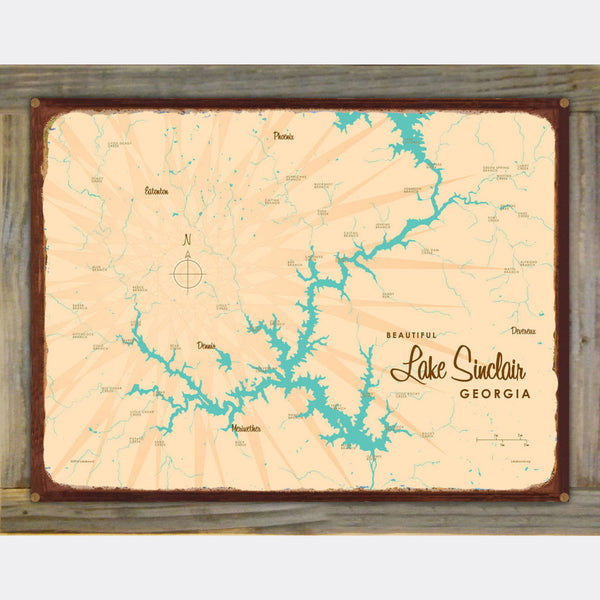 Lake Sinclair Georgia, Wood-Mounted Rustic Metal Sign Map Art