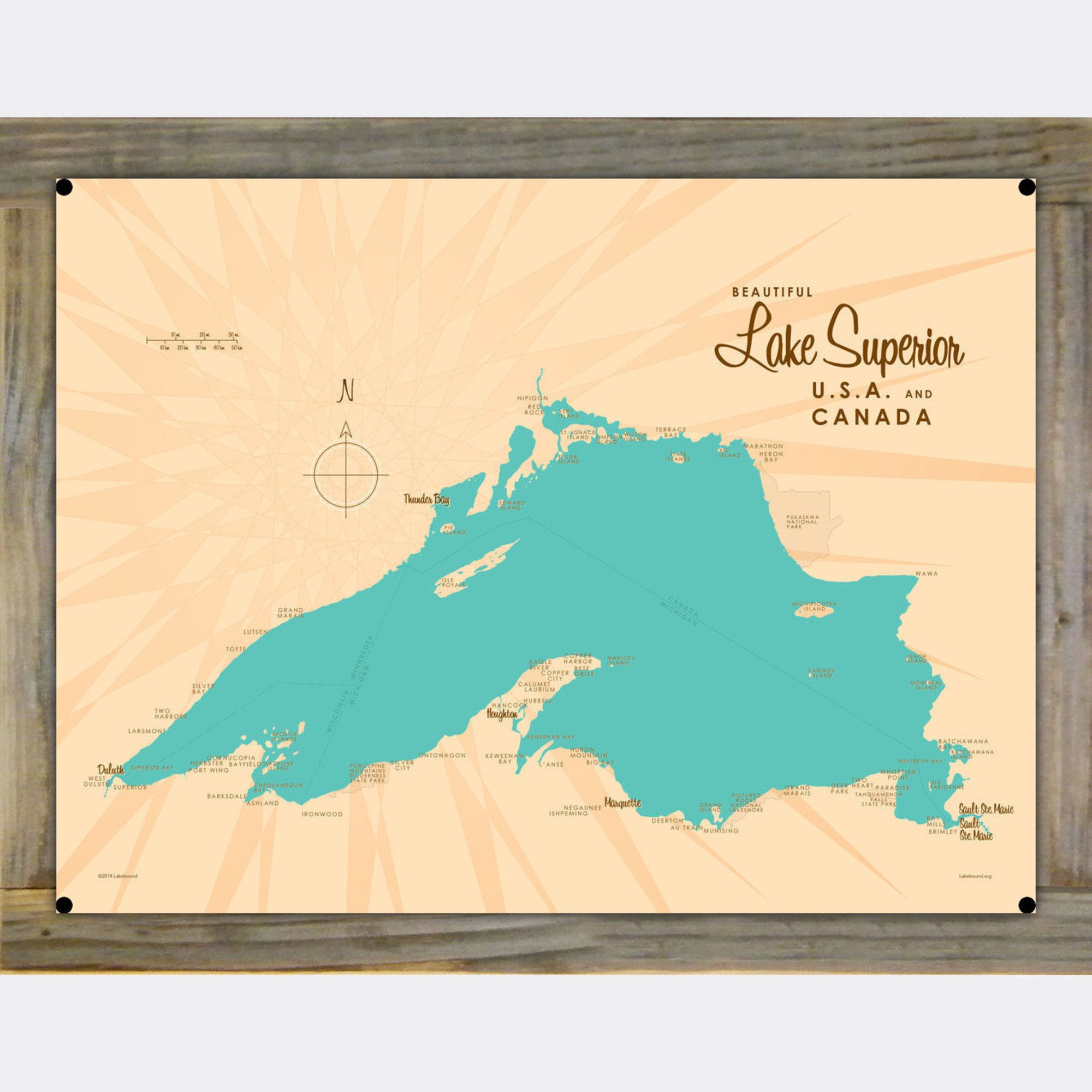 Lake Superior USA Canada, Wood-Mounted Metal Sign Map Art