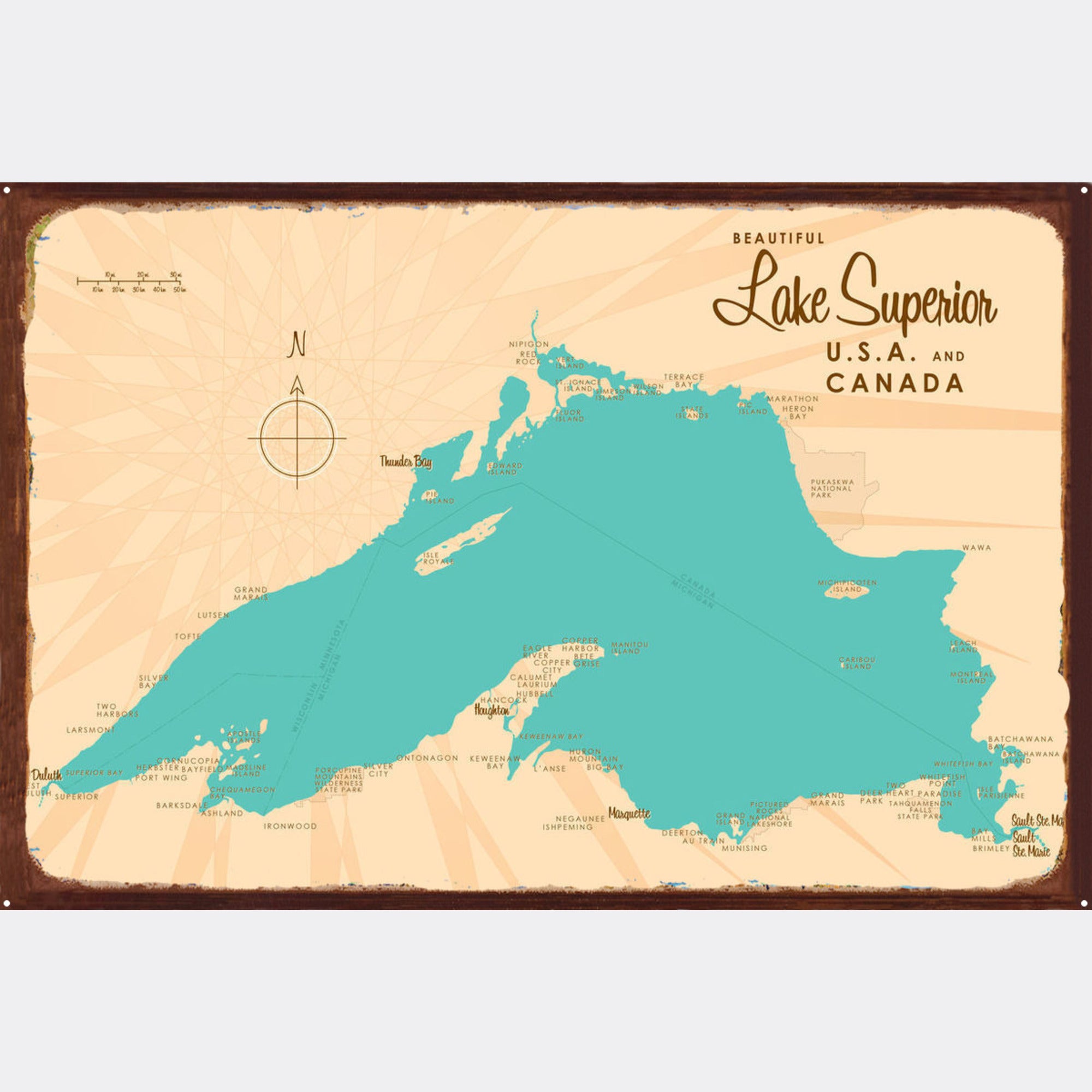 Lake Superior USA Canada, Rustic Metal Sign Map Art