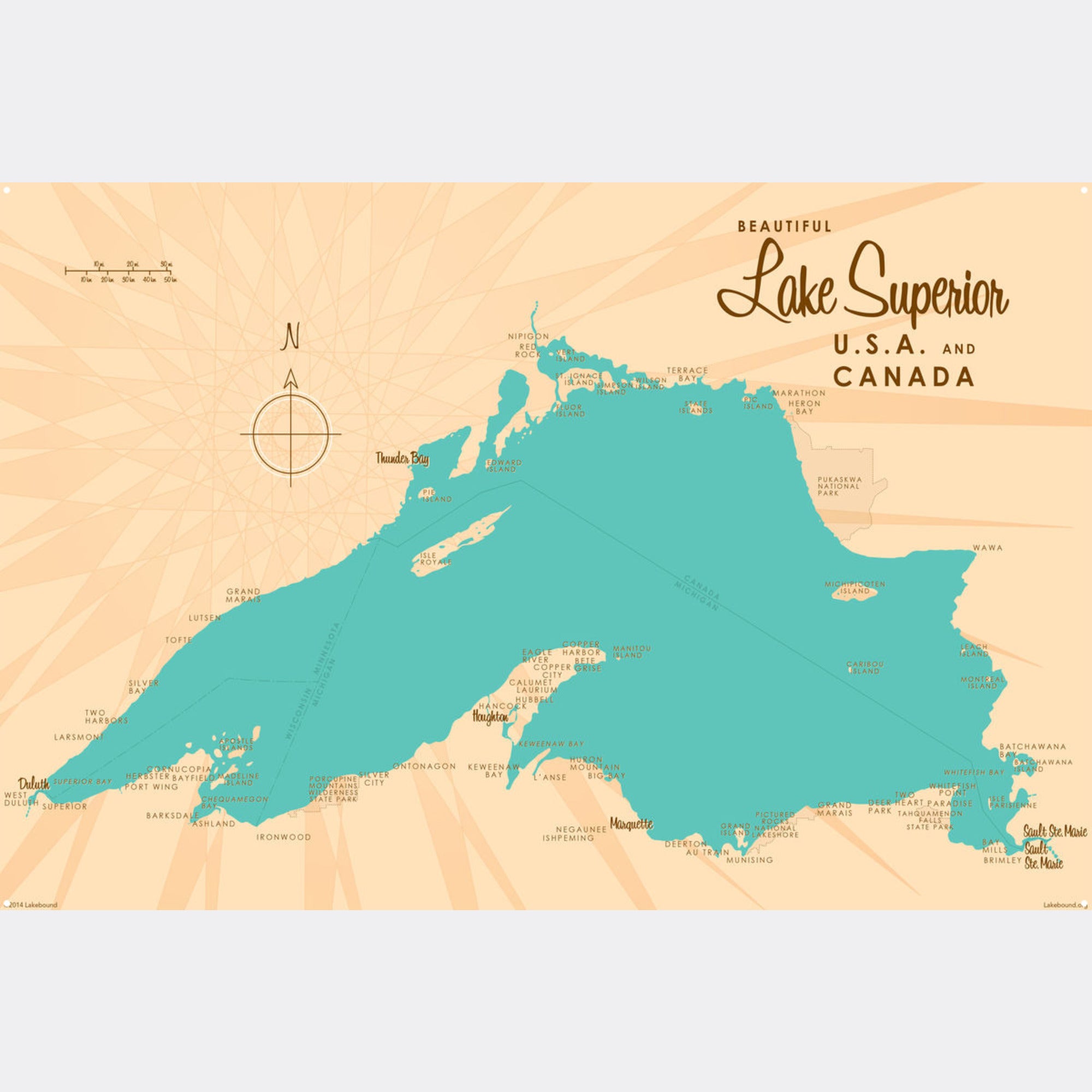 Lake Superior USA Canada, Metal Sign Map Art