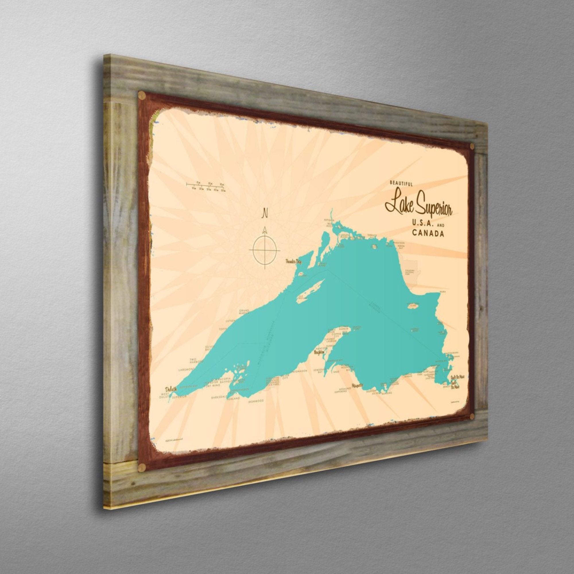 Lake Superior USA Canada, Wood-Mounted Rustic Metal Sign Map Art