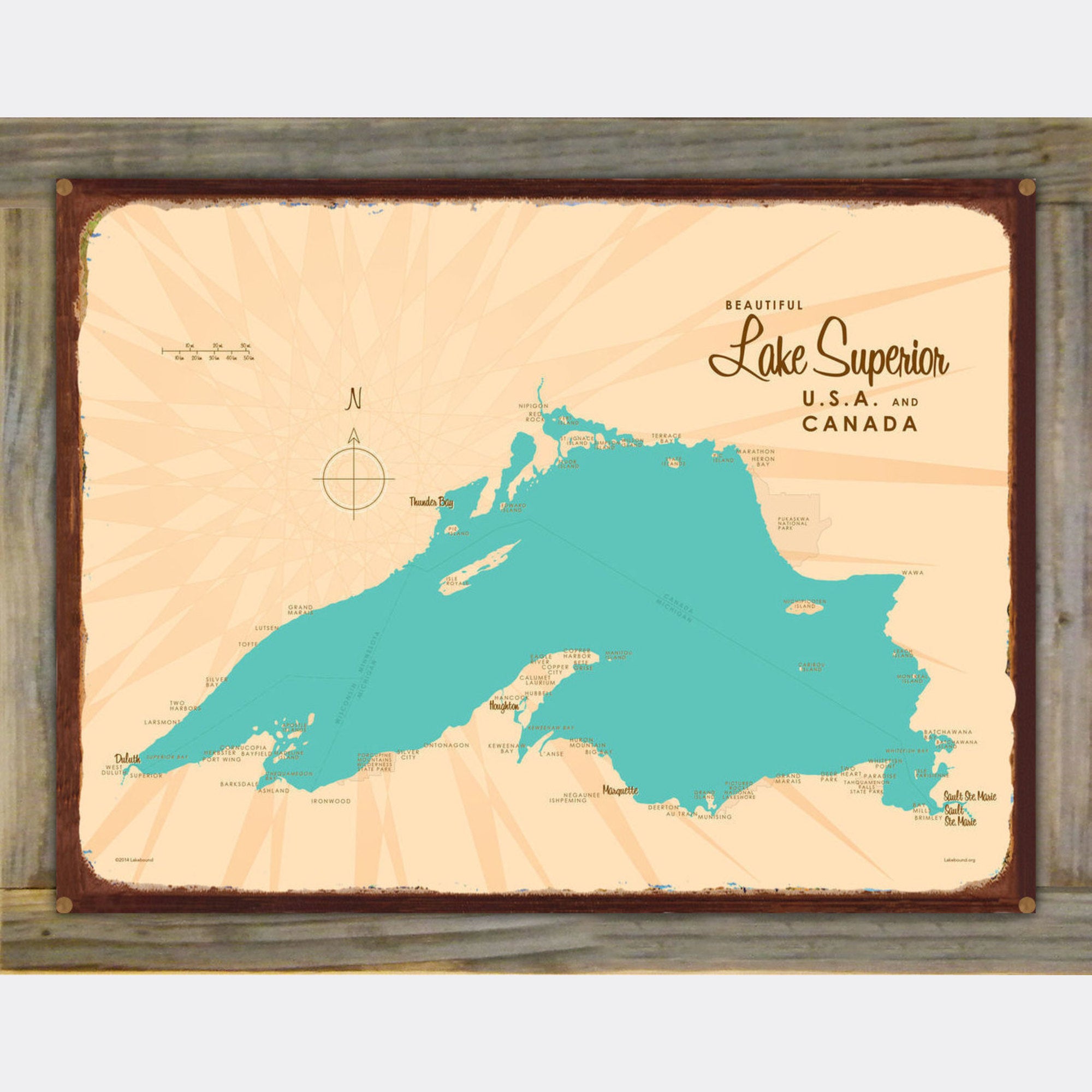 Lake Superior USA Canada, Wood-Mounted Rustic Metal Sign Map Art