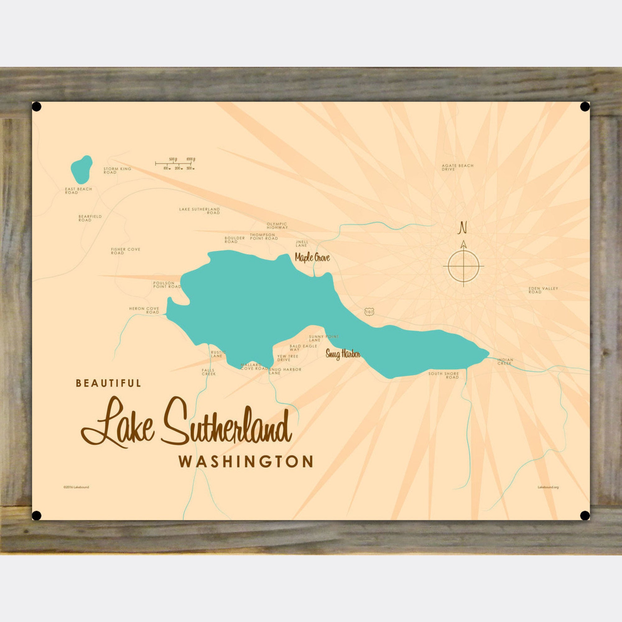 Lake Sutherland Washington, Wood-Mounted Metal Sign Map Art